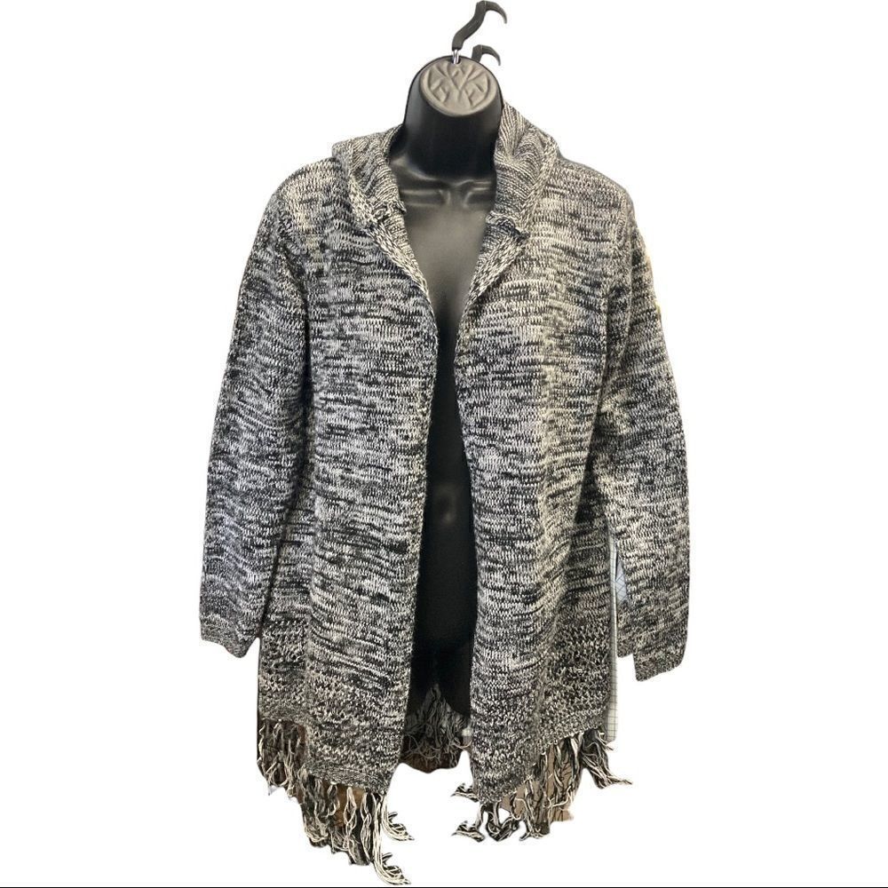 ALMOST FAMOUS, Women’s cardigan,M,Black, Gray & White, long sleeve,fringe, boho,